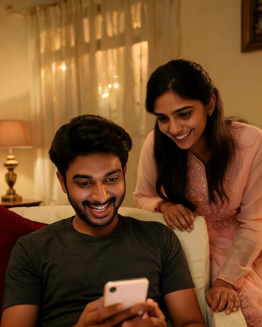 A brother smiling at his Rakhi website while his sister watches his reaction