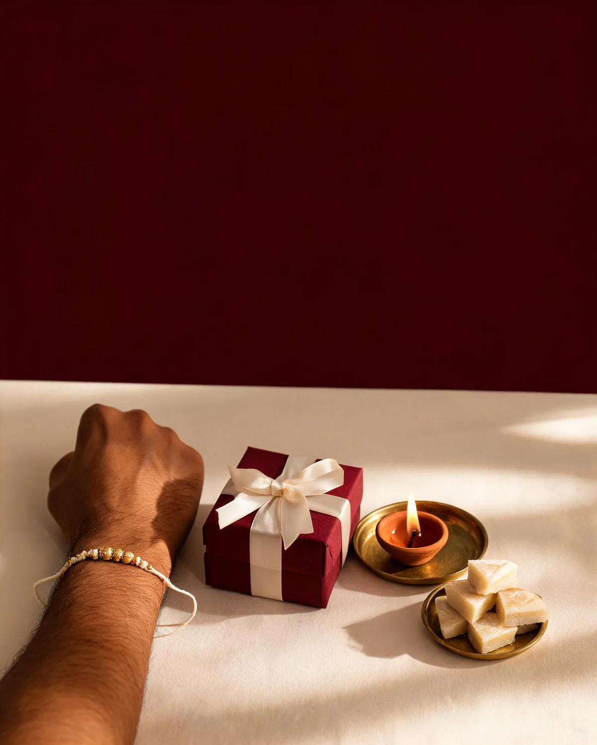 A Rakhi beside a maroon gift, diya and sweets