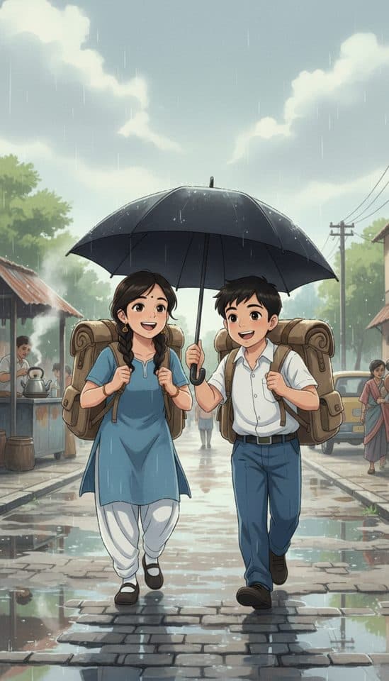 Hand-drawn painting of a brother and sister in their school days