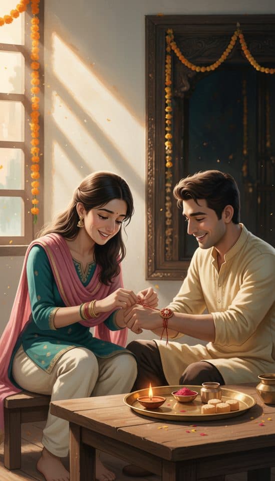 Hand-drawn painting of a brother and sister celebrating Rakhi today