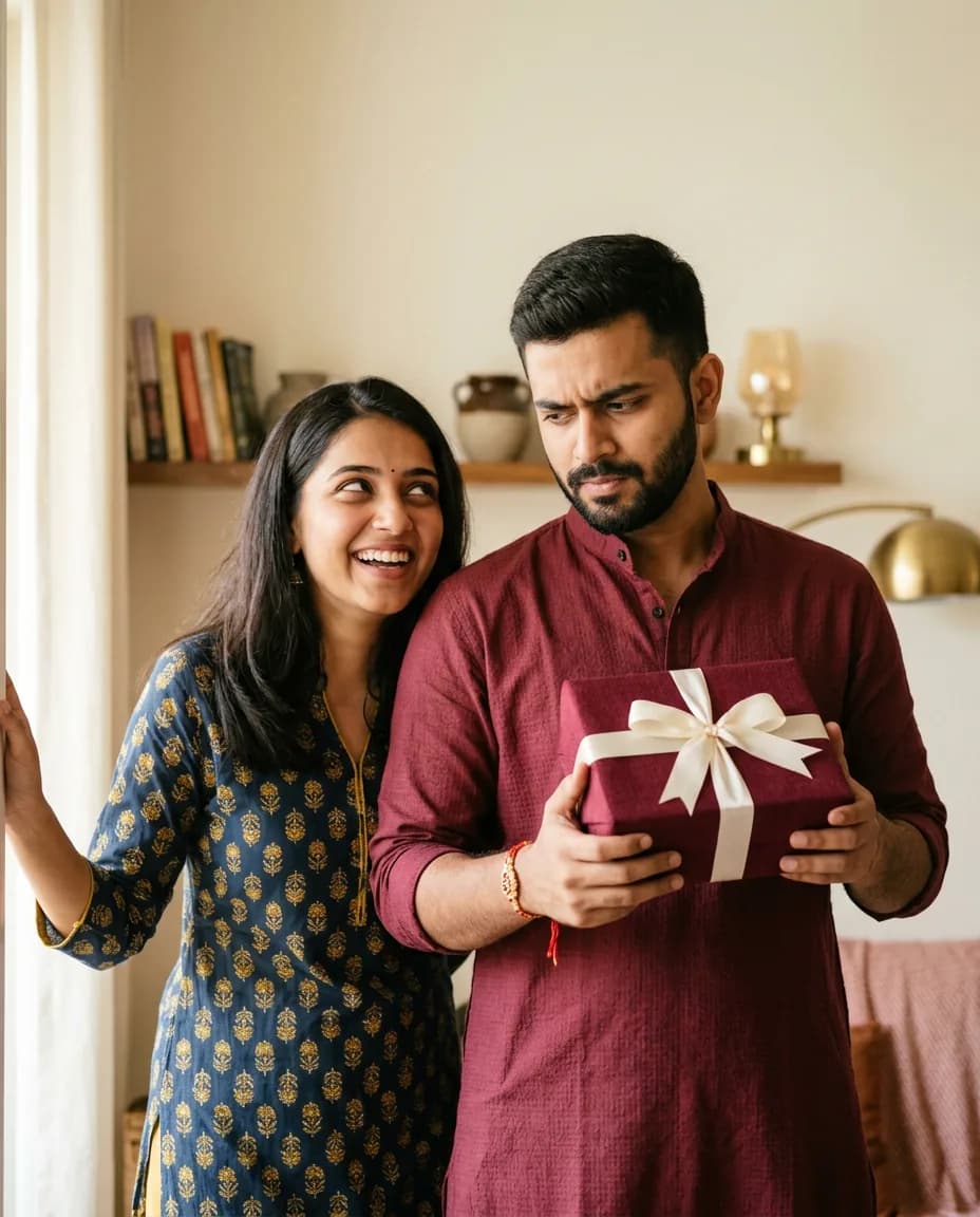 A sister smiling as her brother opens her Rakhi surprise