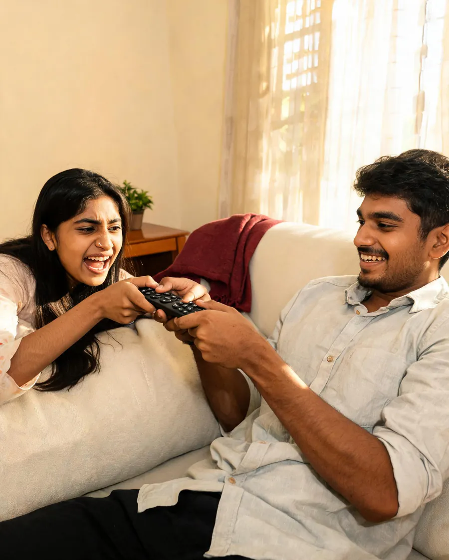 A brother and sister laughing while fighting over a remote control